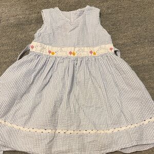 Sweet Potatoes Blue and White seersucker Striped Kids Dress w/ bunny Embroidery